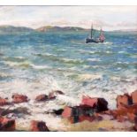 Antony Rosewarne: a framed acrylic painting, depicting a fishing boat in Torbay