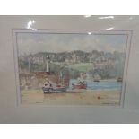 Michael D. Hill: an unframed pen ink and watercolour painting of the St. Ives lighthouse, Cornwall -