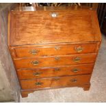 A 36" 19th Century mahogany bureau with fitted interior over four long graduated drawers, set on