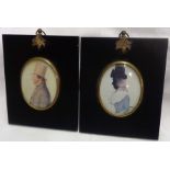 Two reproduction portrait miniature prints in ebonised papier-mâché frames - sold with three