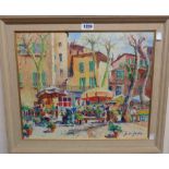 M. des Gardins: a painted wood and hessian framed oil on board depicting flower stalls, figures