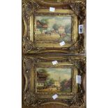 A pair of reproduction ornate gilt framed oil paintings both depicting figures, carts and buildings