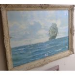 Montague Dawson: an ornate painted framed coloured print depicting a 19th Century sailing vessel