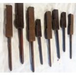 Eight old wood pedal organ pipes