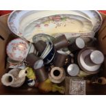 A box containing a quantity of ceramics including Hornsea Vitramic part coffee set, onyx lighter,