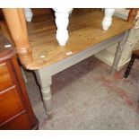 A 4' old pine scrub-top kitchen table with painted base and turned legs - top a/f, drawer removed