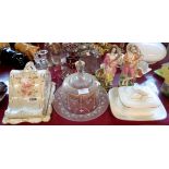 A cheese dish, glass cheese dome, sardine dish, and a pair of Staffordshire figures
