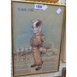 E. Hunt: a gilt framed original mixed media cartoon entitled "Sailor" and with humorous poem text