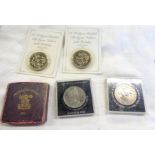 Two carded 1990 Queen Mother's Birthday £5 coins, a boxed Festival of Britain Crown and two