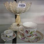 A Worcester shell pattern pedestal bowl with old restoration - sold with a Dresden cup with saucer