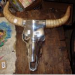 A polished alloy cattle skull with wooden horns