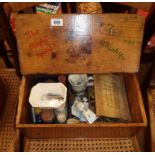 A vintage Teacher's Whisky wooden advertising box containing assorted Winsor & Newton and other