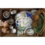 A box of assorted ceramics including majolica plates and Japanese teaware