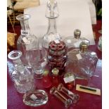 Fifteen pieces of glassware including 19th Century rummer, decanters, cranberry cruet, knife