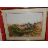 Berrisford Hill: a gilt framed watercolour depicting a flock of partridges in grassy dunes -