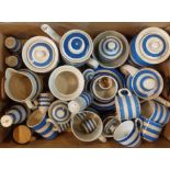 A box containing a quantity of T. G. Green Cornishware and other blue and white banded items -