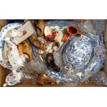 A box containing assorted china and glass including meat plates, etc.