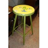 A painted wood kitchen stool - sold with an oak effect and glazed small cabinet on castors