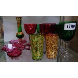 Assorted coloured glassware including cranberry and gilt items, etc.
