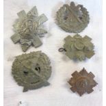 Five Scottish army cap badges comprising Highland Light Infantry, Scots Guards, Cameron Highlanders,