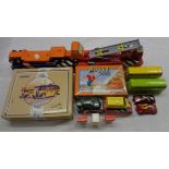 A box containing a quantity of toy cars including Corgi bus set, etc.