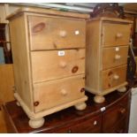 A pair of 16" modern pine three drawer bedside chests, set on turned bun feet