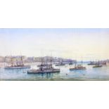 An early 20th Century oak framed watercolour depicting ships of the Royal Navy in Valetta Harbour,