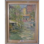 A 20th Century oil painting on canvas of a continental townscape with figures and trees - signed