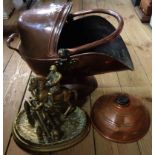 A copper coal scuttle and two other items of metalware