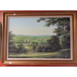 Kevin Platt: a gilt and hessian framed oil on canvas depicting a view of Widecombe-in-the-Moor -