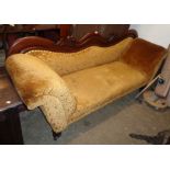 A 7' 19th Century mahogany part show frame settee with decorative top rail, scroll ends and