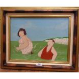 B. Cook (in the manner of): a framed oil on canvas board depicting female bathers and a shore crab