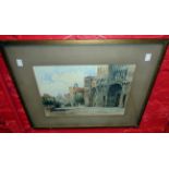 A gilt framed 19th Century watercolour depicting a medieval courtyard, St Augustines, Canterbury -