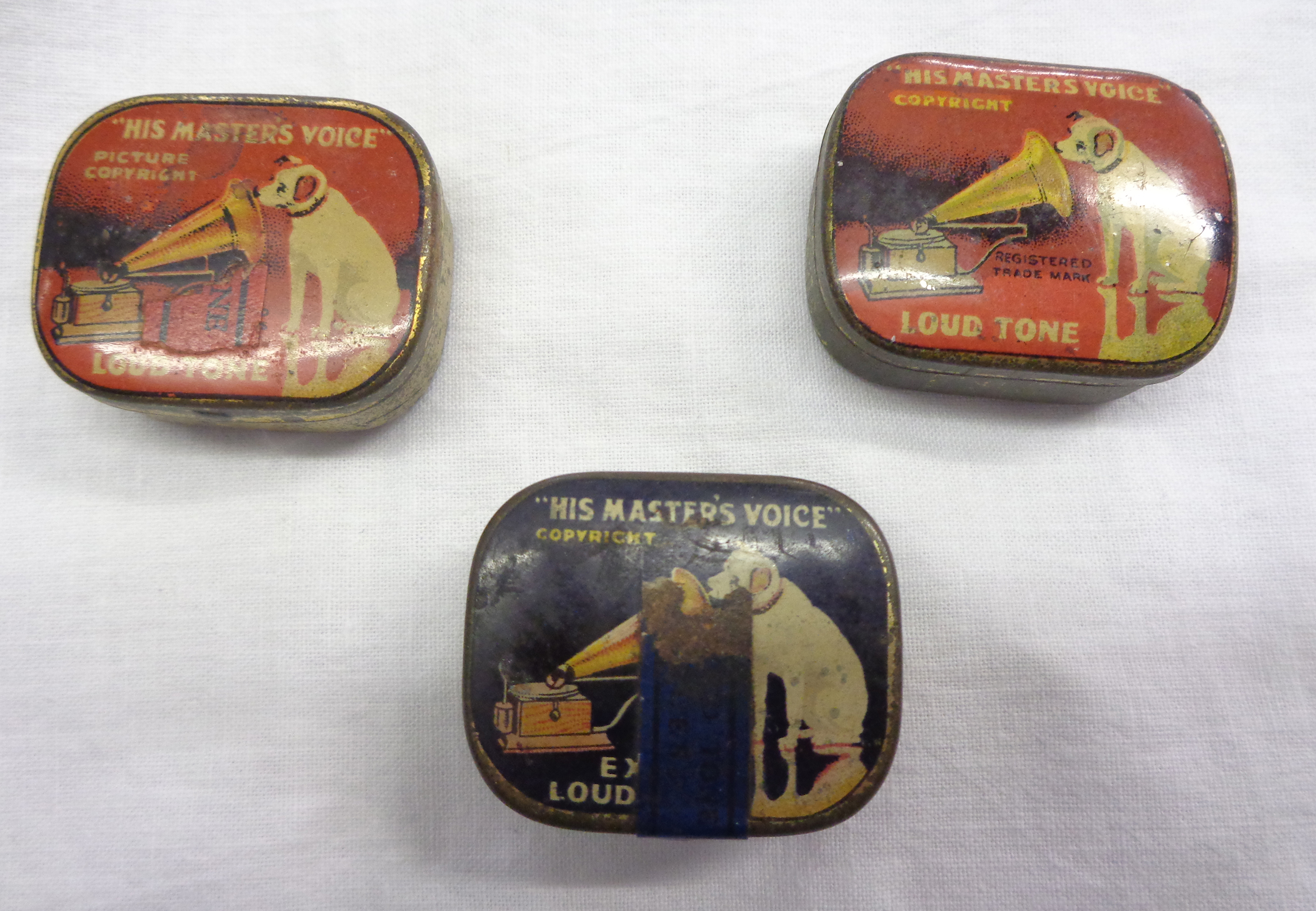 Three HMV needle tins and contents