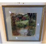 A framed mixed media painting depicting a woodland pool - indistinctly signed
