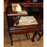 A 22" Chinese polished rosewood telephone table with marble inset surfaces, set on ornate mask