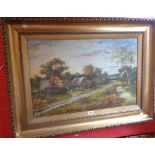 Arthur Batt: a wide gilt framed oil on canvas depicting figures conversing before cottages in New