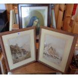 A pair of limed wood framed late 19th Century watercolours, one depicting figures by the entrance to