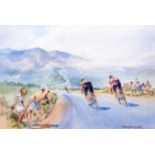 Douglas E. West: a framed watercolour entitled "King of the Mountains" (Tour de France) - signed -