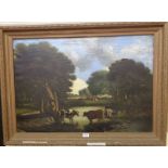 A gilt gesso framed 19th Century oil on canvas depicting an English river landscape, with sheltering
