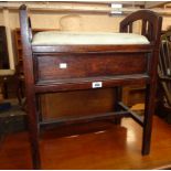 An early 20th Century stained oak piano stool with drop-in locker seat and panelled decoration,