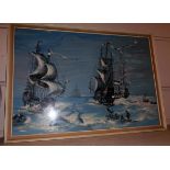 A vintage large painted and hessian framed painting on fabric depicting a 19th Century whaling