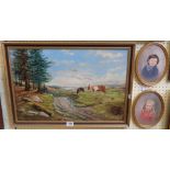 Eric Spinks: a gilt framed oil on board depicting a moorland view with ponies and track - signed -