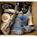 A box containing a quantity of assorted china including Wedgwood Jasper ware, Kutani, etc.