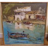 Caty Barcelo: an oil on board, depicting fishing boats and waterside buildings - signed