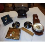 A Victorian photograph album, inlaid box, barometer, pair of Art Deco bakelite candlesticks,