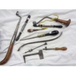 A box of tools including circular spoke shaves, Archimedes drill, sabotiers drill, saddler's