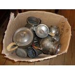 A box of pewter and silver plated items including Liberty & Co. English Pewter tea service, etc. -