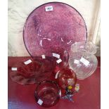 Four pieces of mottle coloured art glass, a vase and a figure