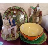Four pieces of majoloica including glug-glug jug, Art Deco Myott bowl and a Staffordshire figure